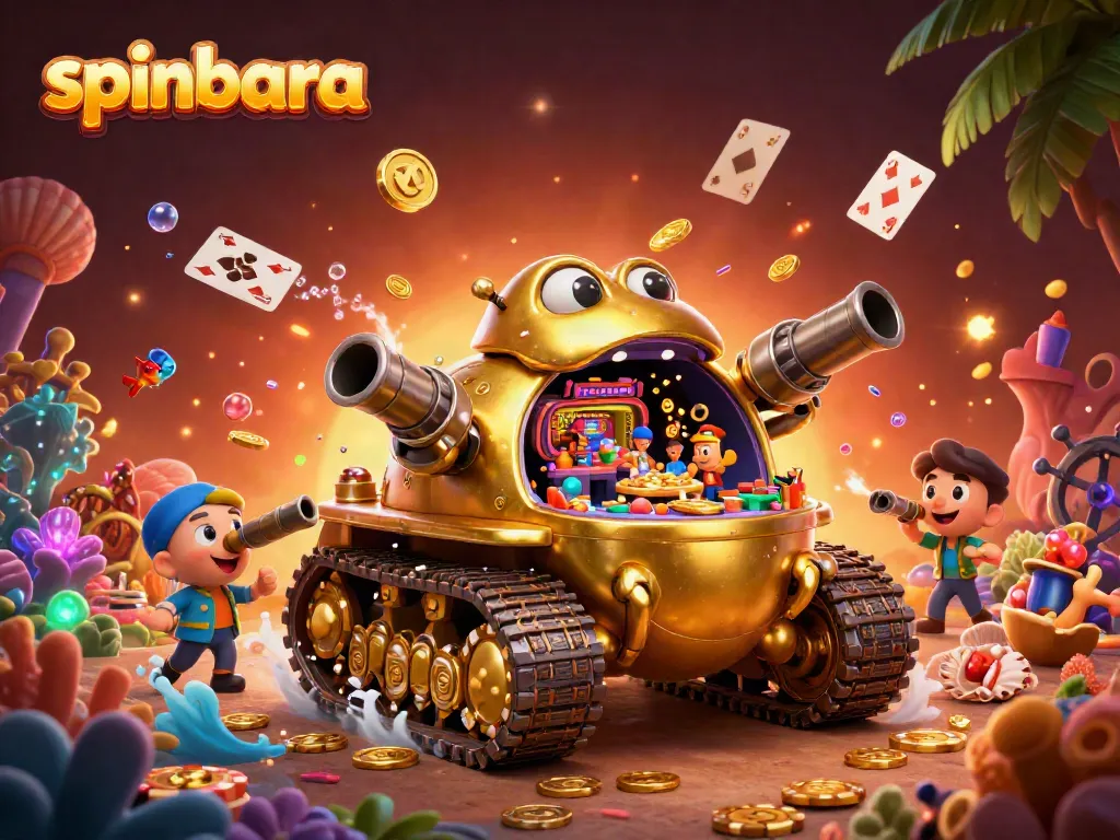 Engage in thrilling gameplay at Spinbara with a vibrant 3D casino illustration filled with excitement.