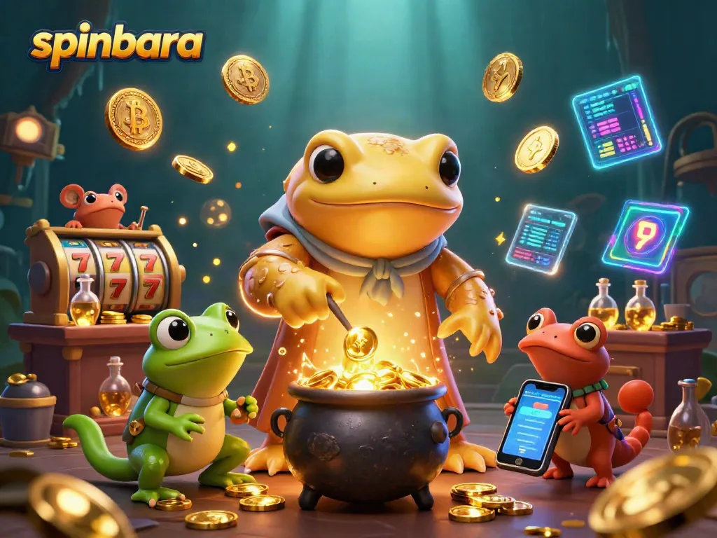 Spinbara showcases an alchemist character surrounded by vibrant casino elements and gold coins.