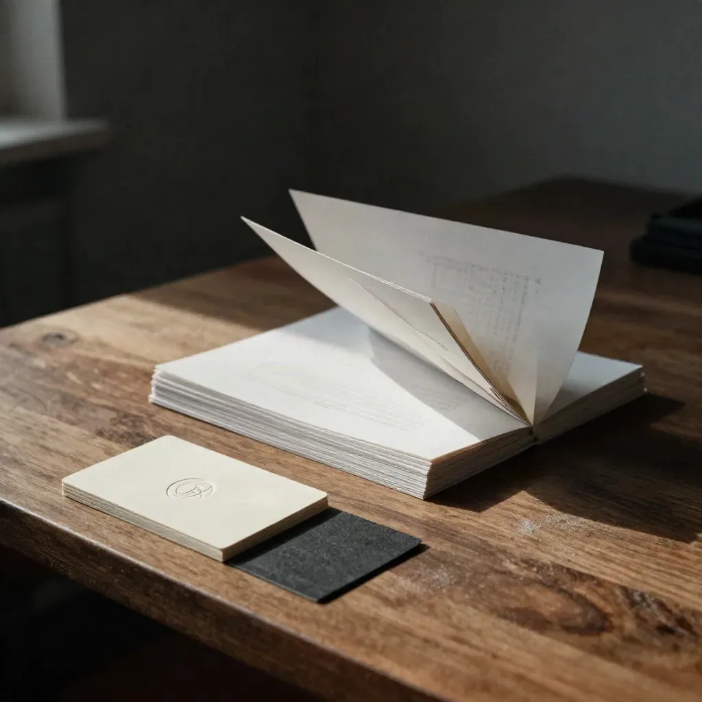 Tarjetas de identidad con relieve ciego y papeles abanico sobre un banco de trabajo, con luz cálida.