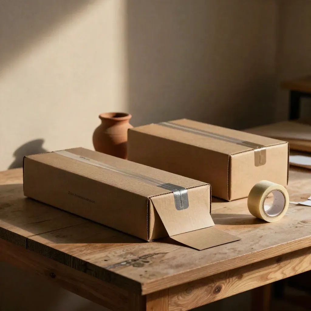 Prototipos de packaging sobre un banco de taller, con luz cálida y cajas plegadas.
