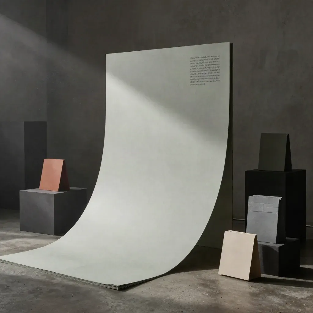 Instalación de branding con paneles, papeles y cajas en una escena cinematográfica sombría.