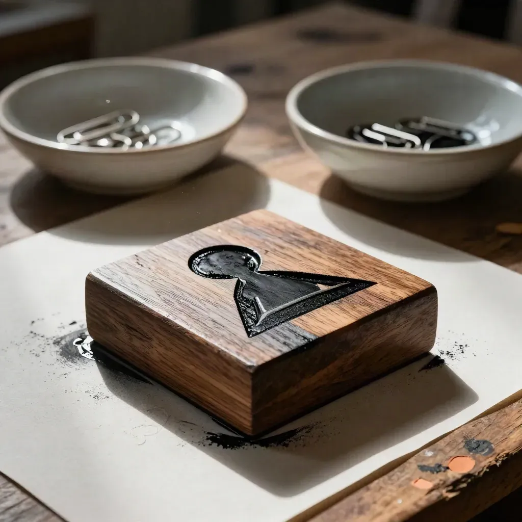 Bloque de madera grabado, pruebas de tinta frescas y cuenco cerámico con clips sobre un banco oscuro.