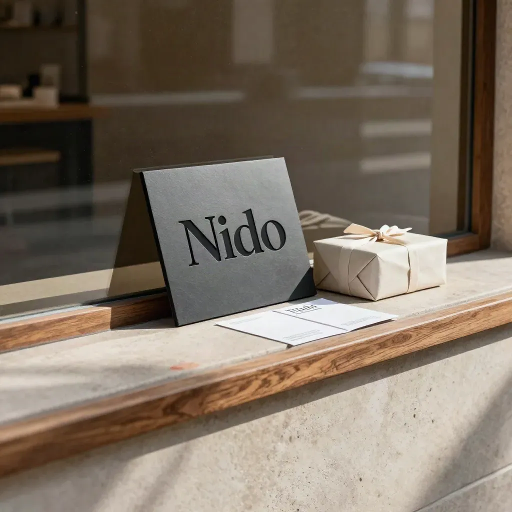 Placa de logo apoyada en piedra junto a un paquete envuelto en una tienda tranquila.