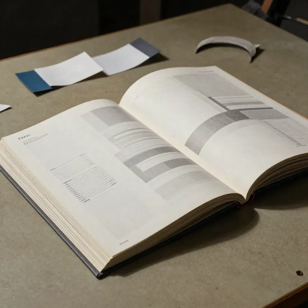 Maqueta de catálogo abierta con recortes de papel y tarjetas boca abajo sobre mesa de estudio.