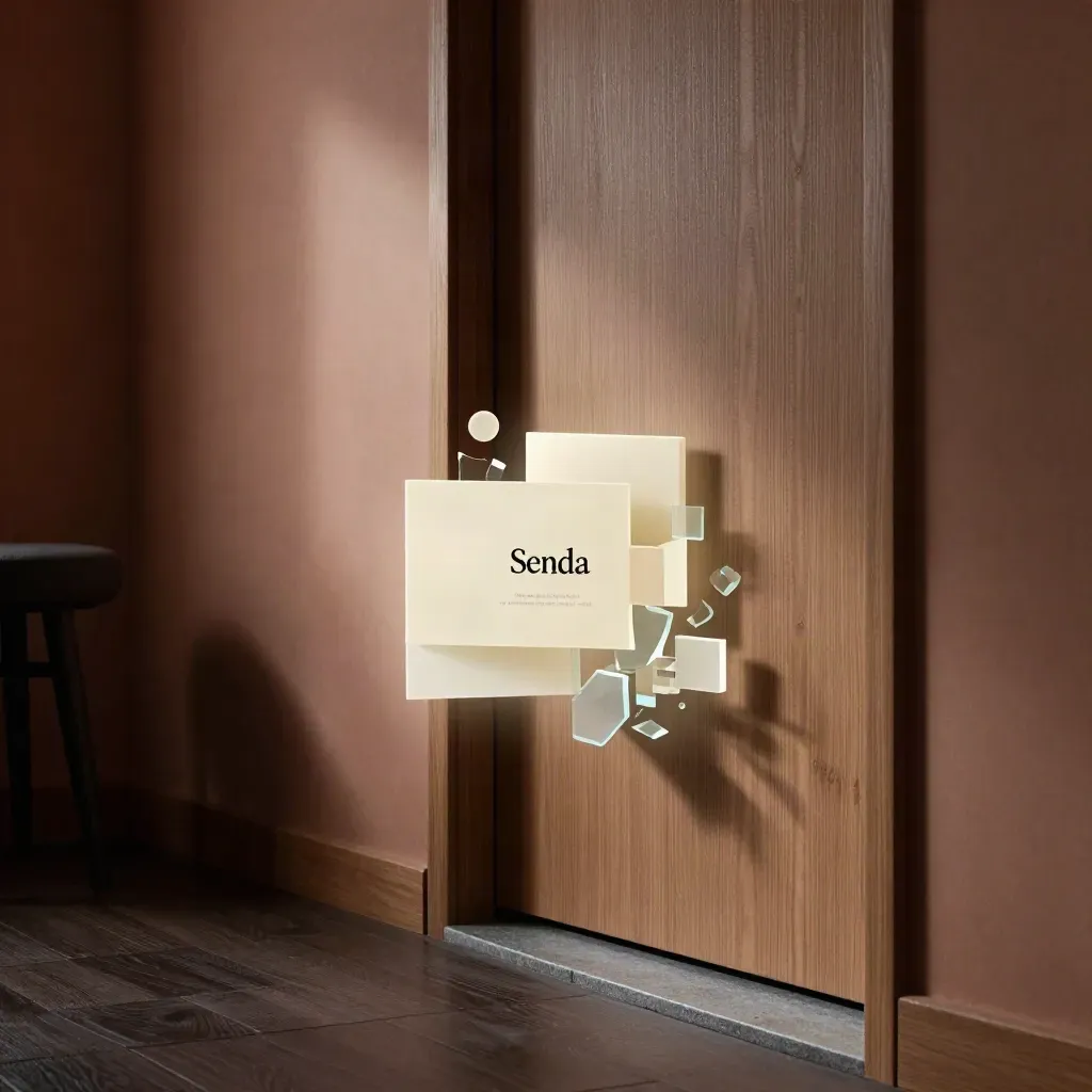 Pantalla de reserva luminosa junto a una puerta y un taburete en sombra, con luz dramática.