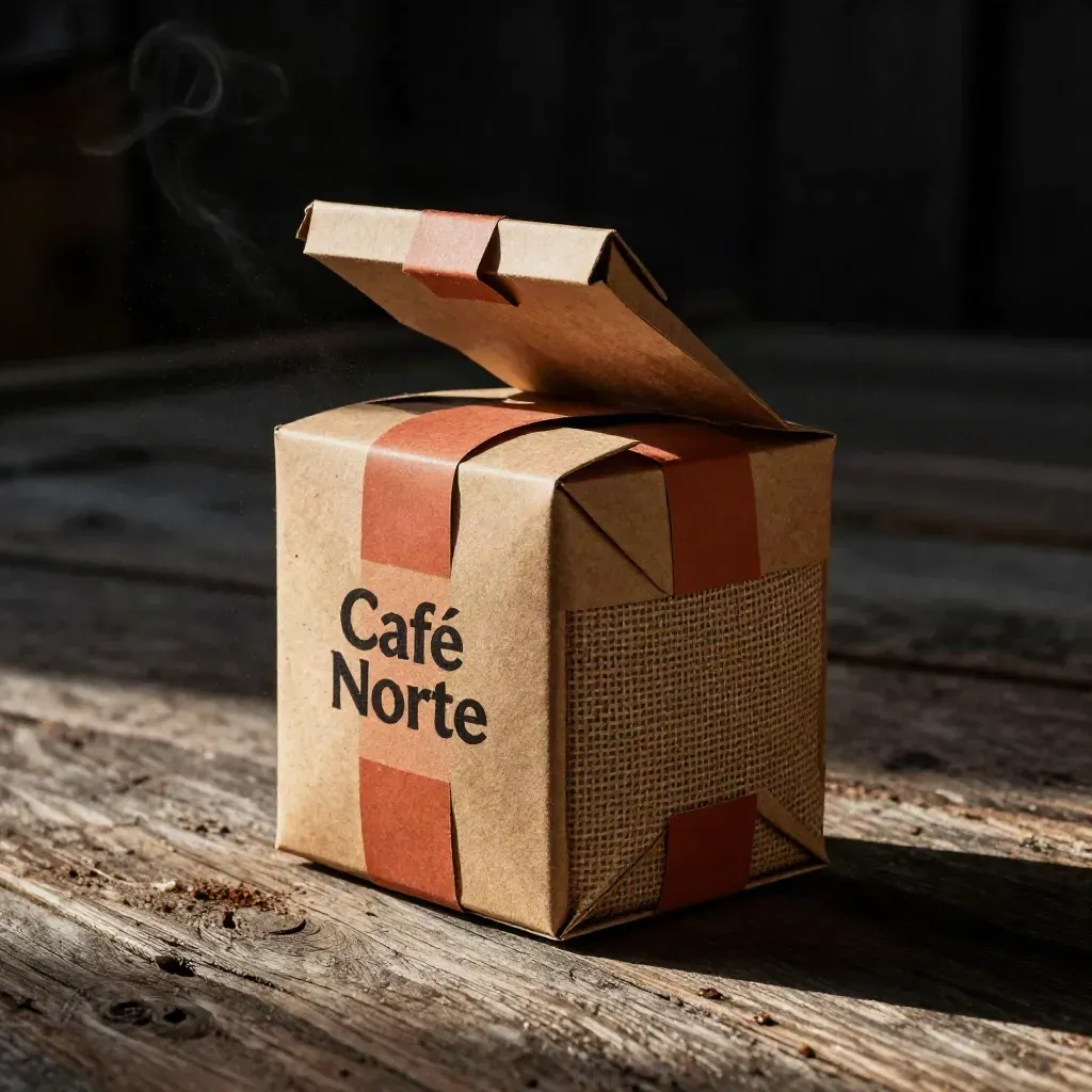 Caja kraft abierta para Café Norte con faja girada, textura de saco y polvo de café.