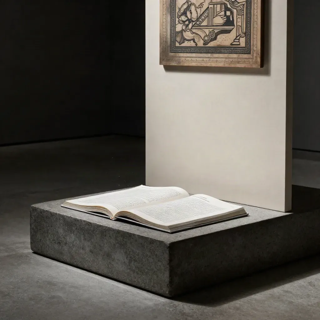 Kit de identidad para museo: panel alto, guía abierta y pedestal de piedra en una galería.