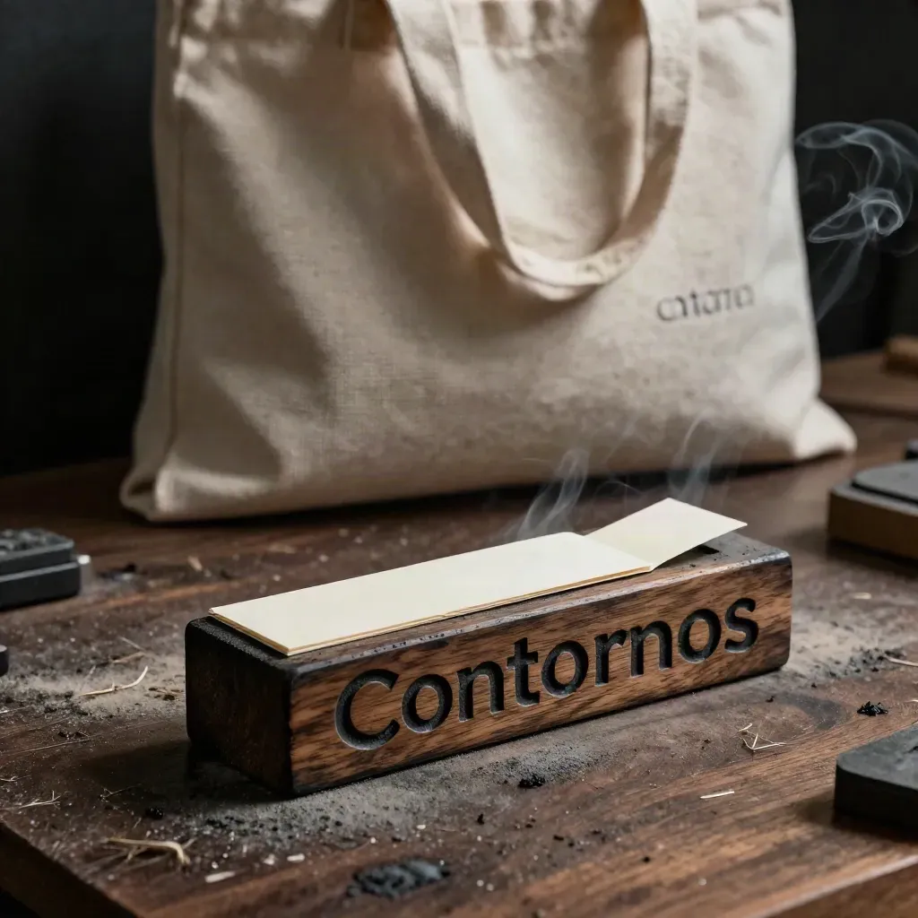 Sistema de identidad de taller con bloque tallado, etiquetas y tote de lona.