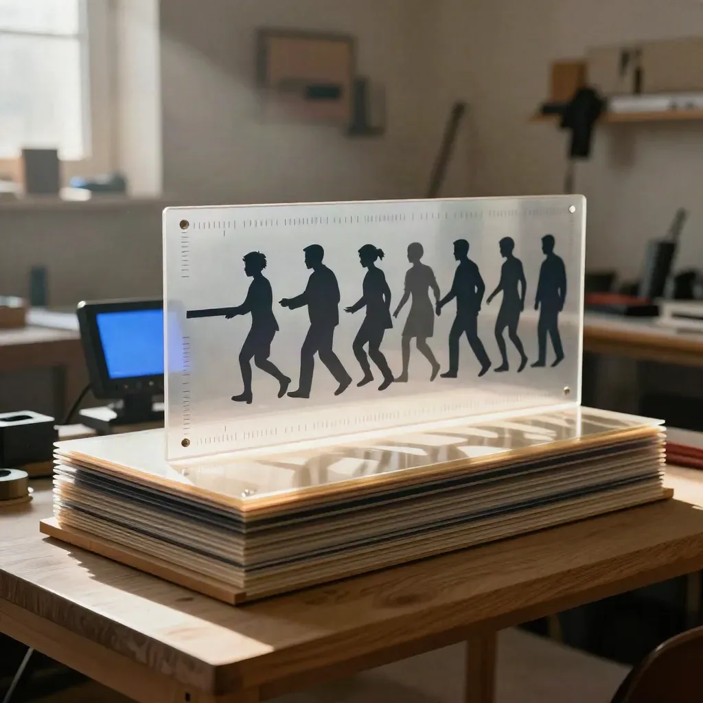 Tablero de motion con acetatos apilados, monitor pequeño y formas de papel en un estudio cálido