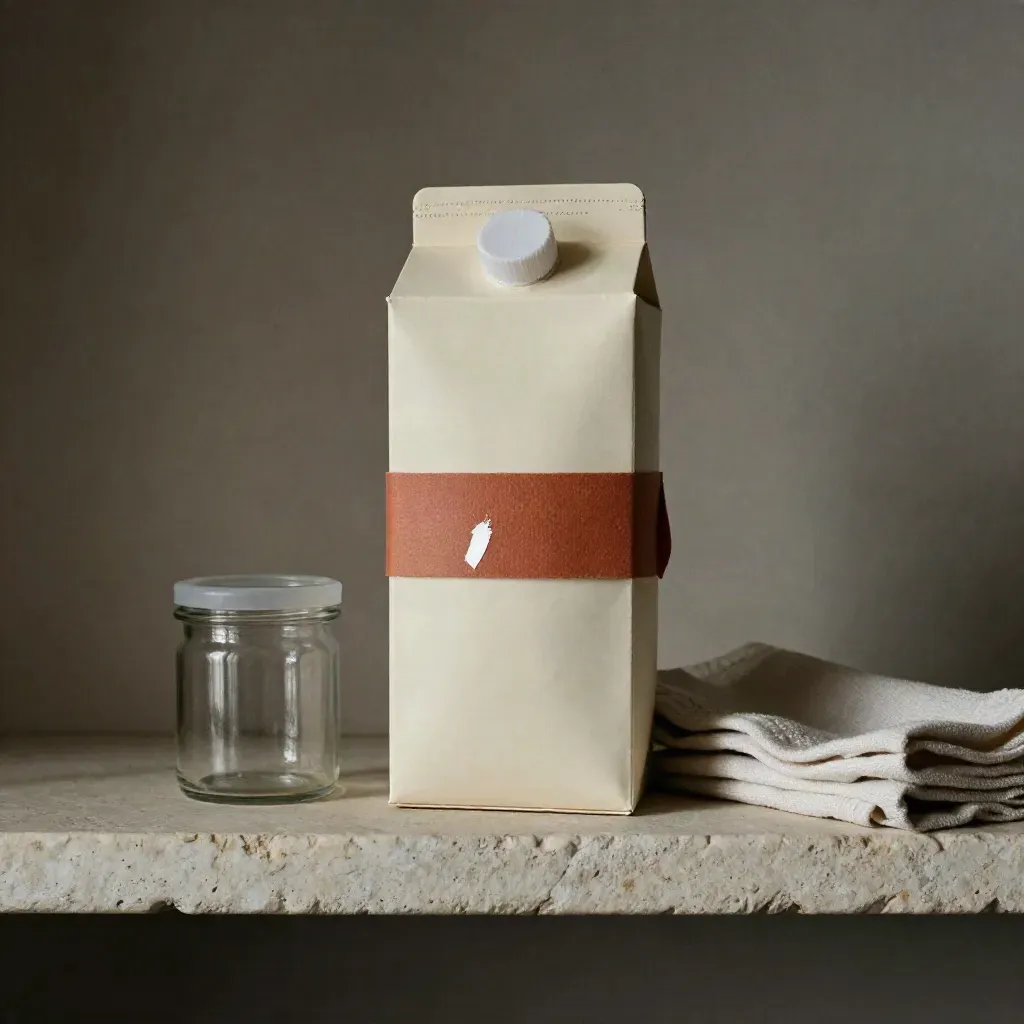 Faja de packaging medio extraída de una caja, frasco de vidrio y paño sobre balda de piedra clara.