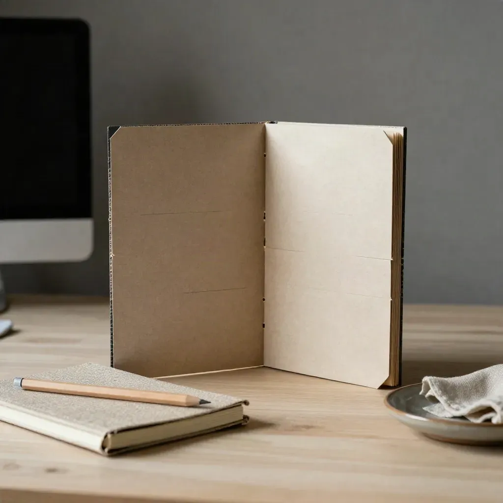 Maqueta modular de web, libreta de lino y lápiz sobre madera clara, con luz suave.